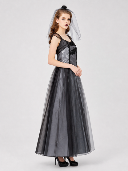 Long Gothic Gray-and-Black Dress with a Rose