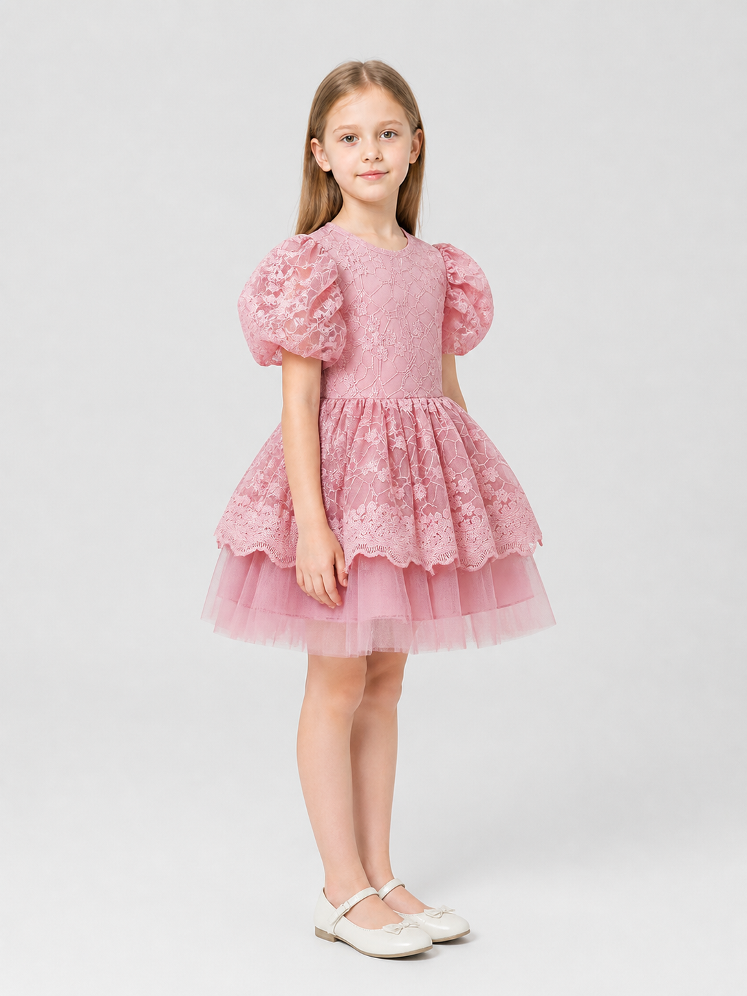 Girls’ Princess Dress with Full Skirt and Lace side view