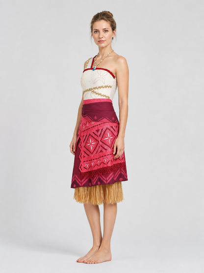 Moana Costume with Layered Skirt and Gold Fringe side view