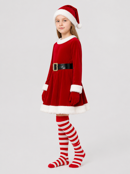 Santa Claus Costume, Dress with Belt, Hat, and Gloves side view