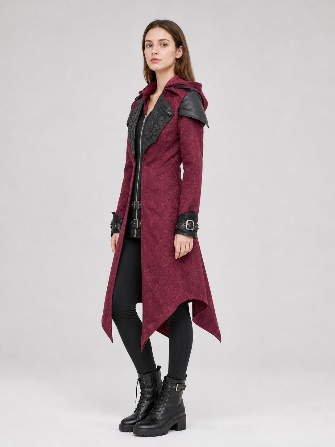 Gothic Hooded Coat with Black Buckles