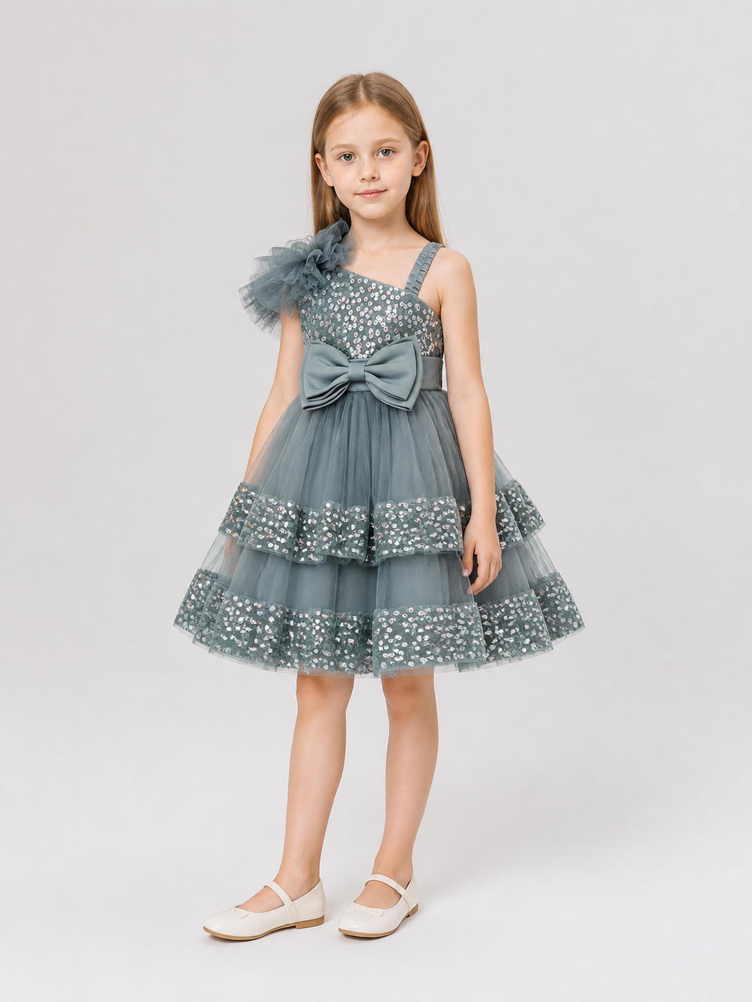 Festive Sequin and Bow Dress, Gray side view