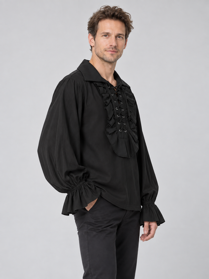 Black Shirt with Puff Sleeves, Ruffles, and Lacing