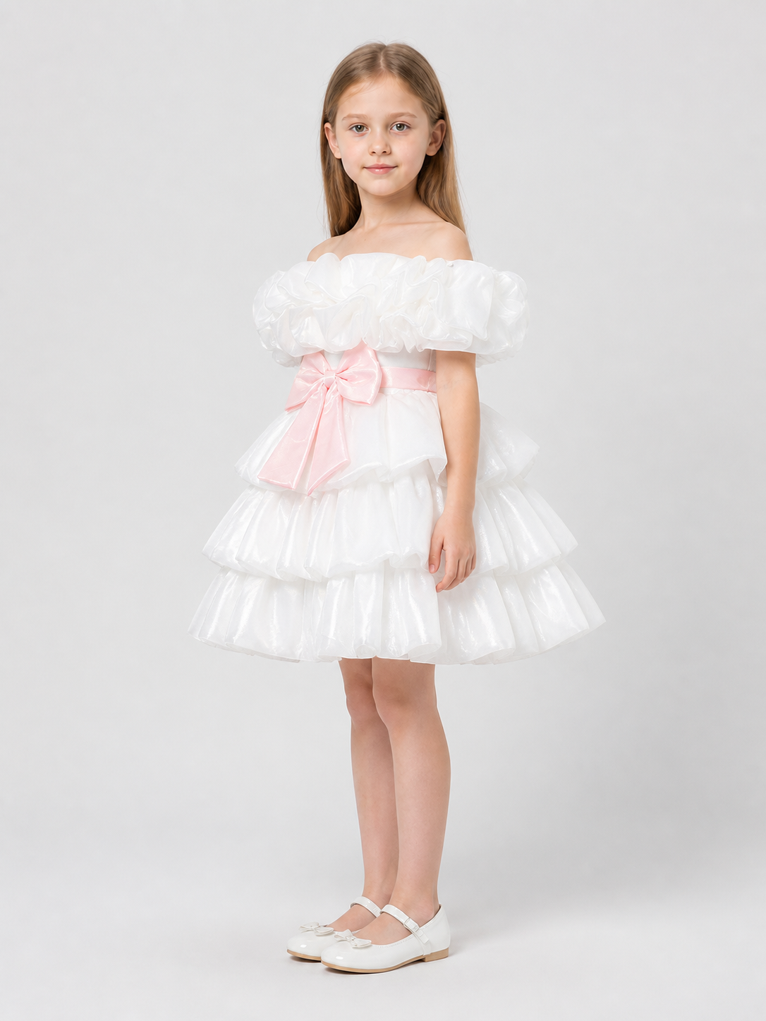 White Princess Dress for Girls with a Pink Bow side view