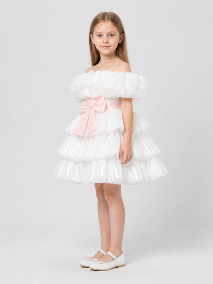 White Princess Dress for Girls with a Pink Bow side view