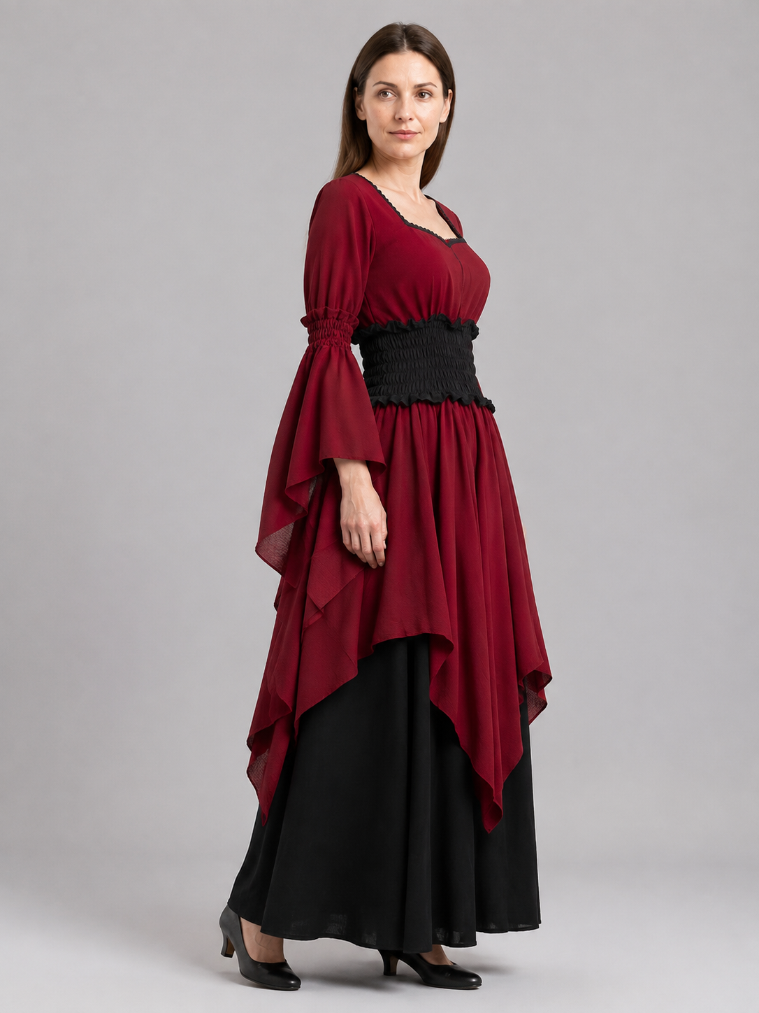 Burgundy Theatrical Dress with a Black Skirt side view
