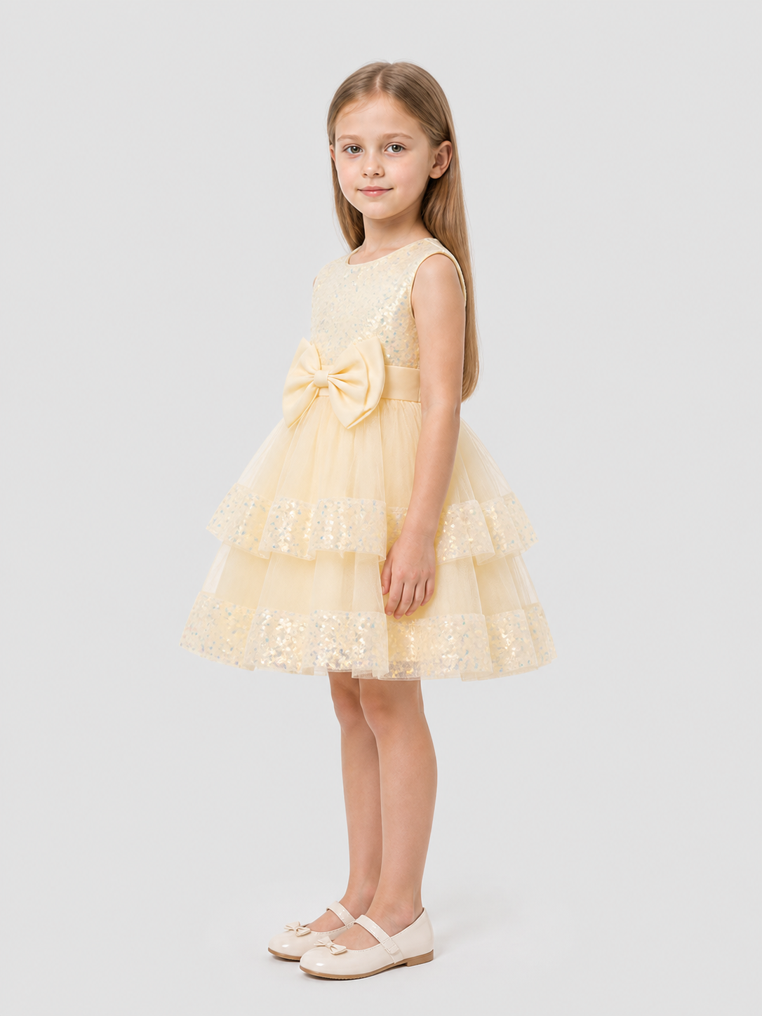 Full Sequin Dress with Layered Skirt and Bow side view