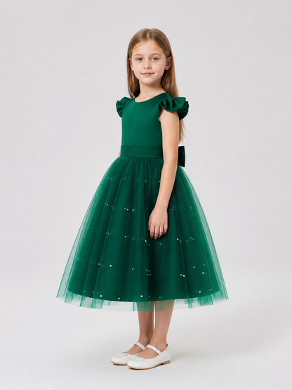 Dark Green Princess Dress with Tulle and Polka Dots side view