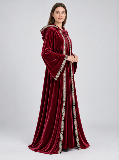 long burgundy velvet hooded robe