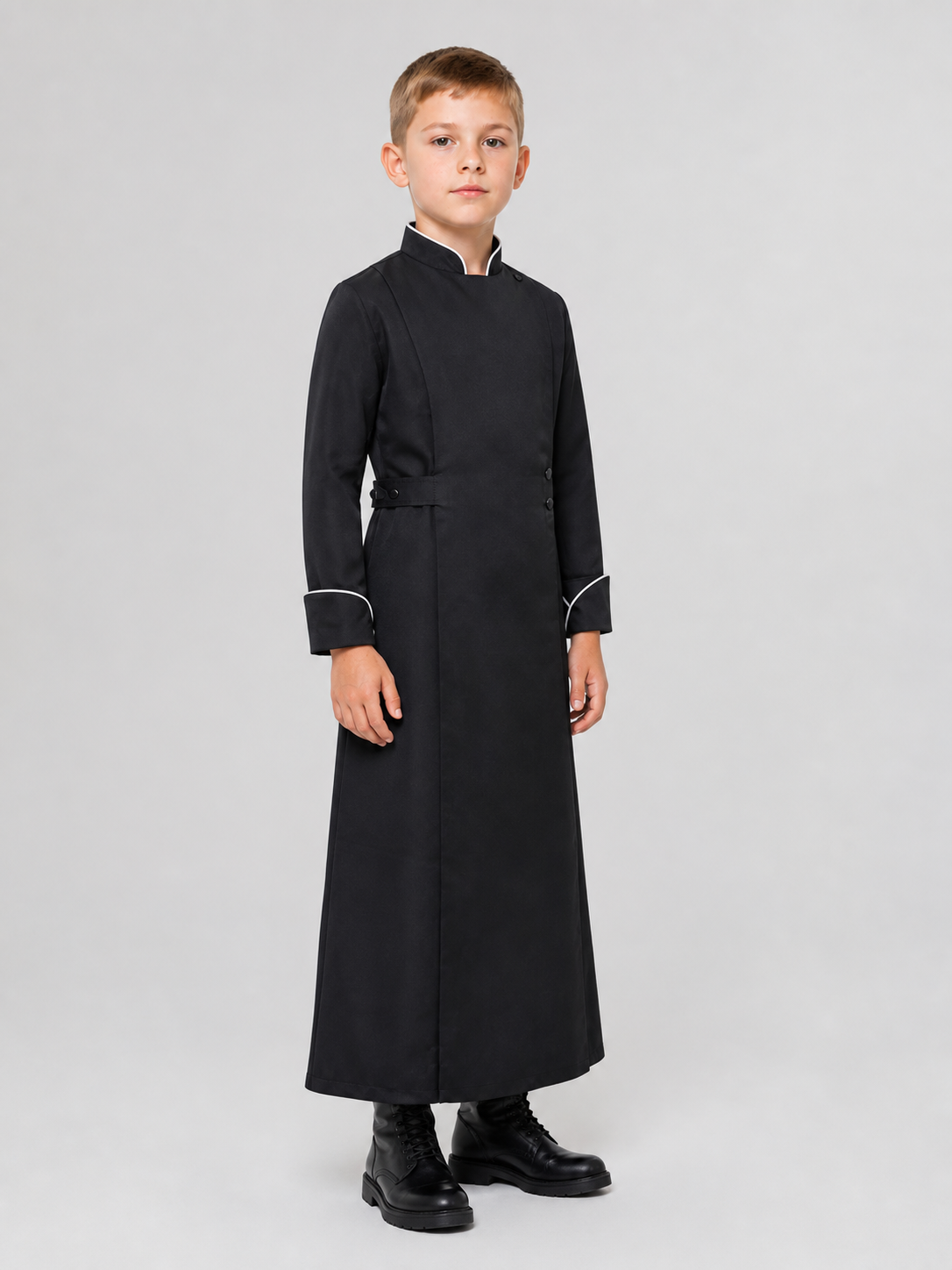 Black Long Cosplay Cassock with White Trim side view