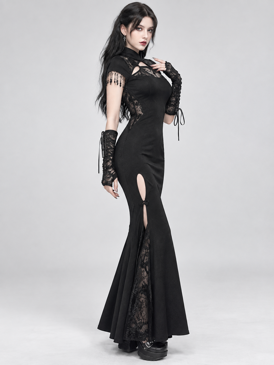 Gothic Black Lace Dress with High Collar