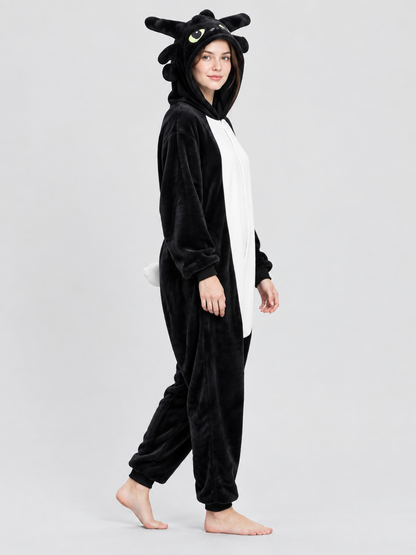 Black and white pajama jumpsuit with a hood and ears