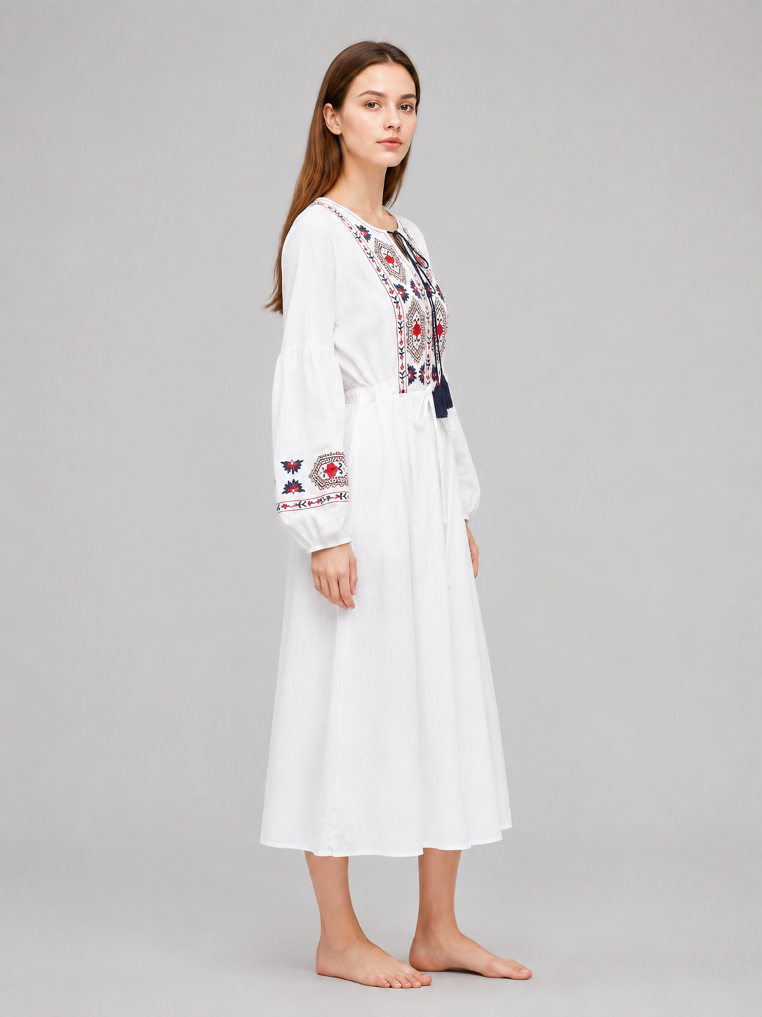 Midi Dress with Ethnic Embroidery and Tassel side view