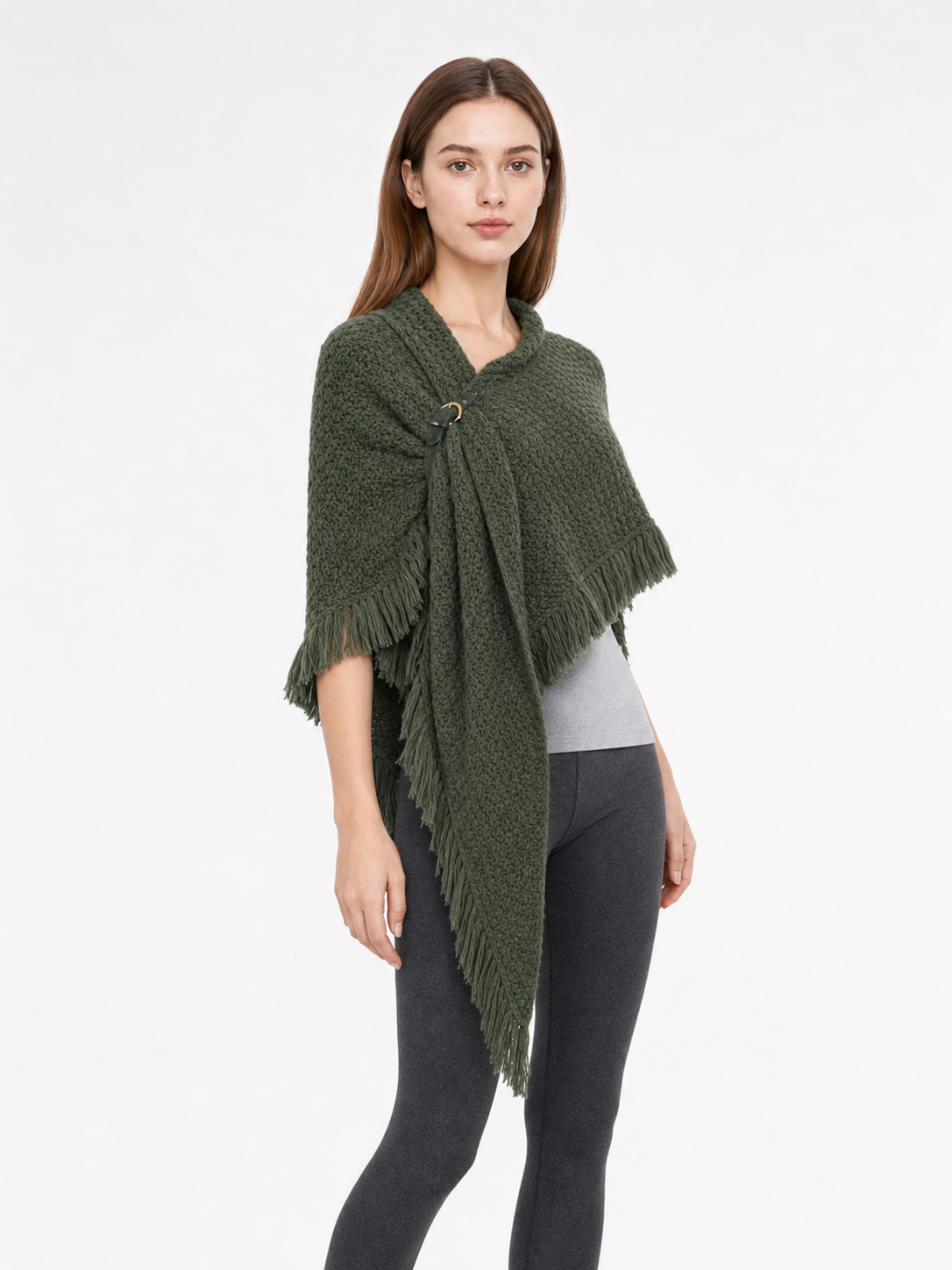 Triangular Wool Shawl with Long Fringe