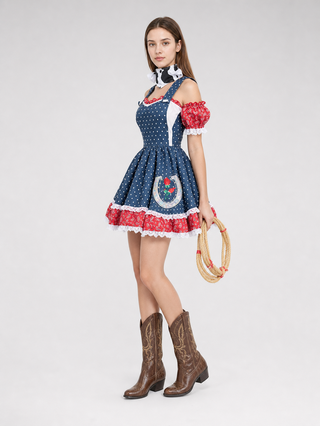 Western-themed cosplay dress with apron and badge side view