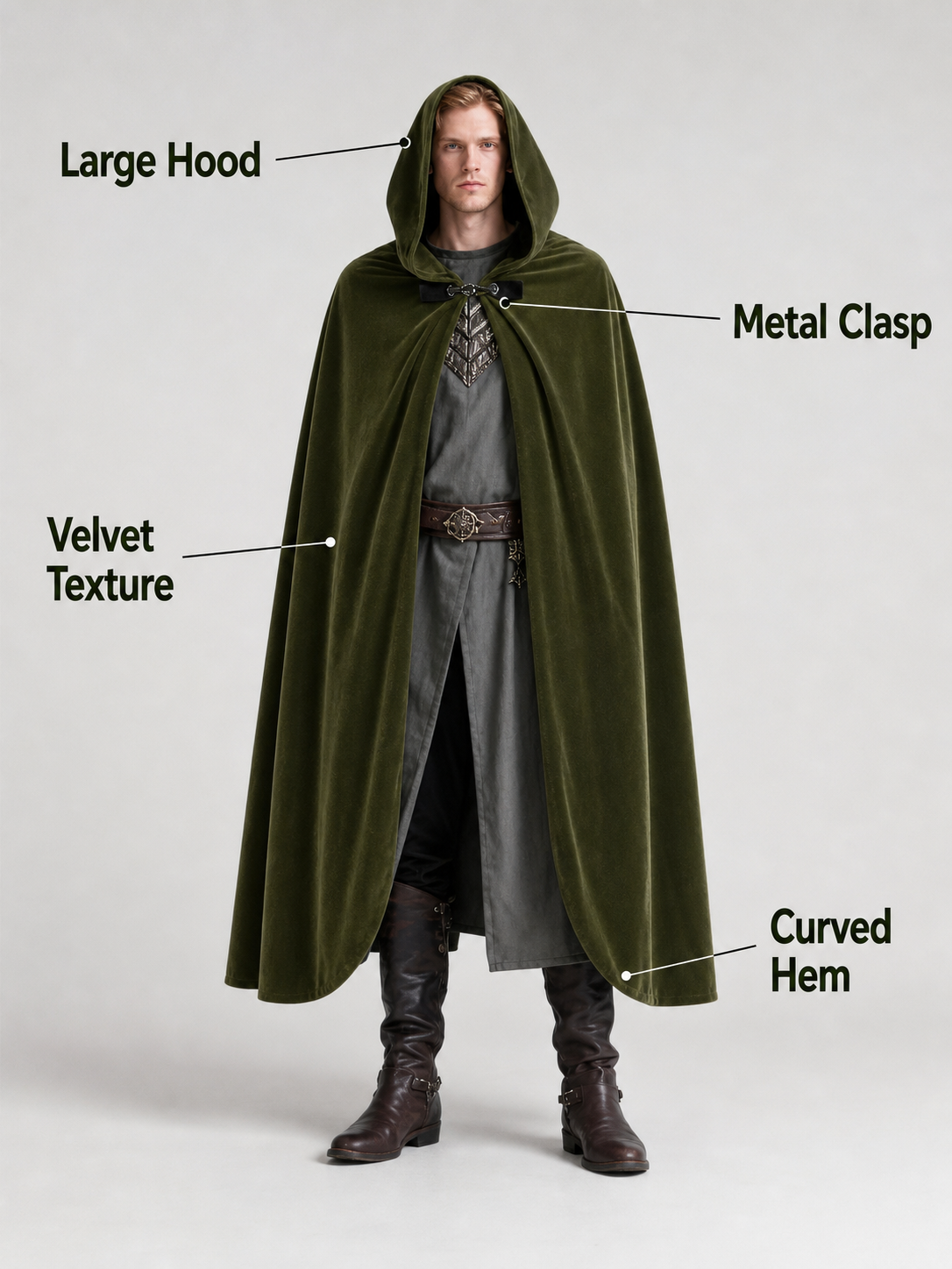 Medieval Fantasy Long Hooded Cape with Oversized Hood, Velvety-Look Green Exterior and Black Lining for Cosplay Events