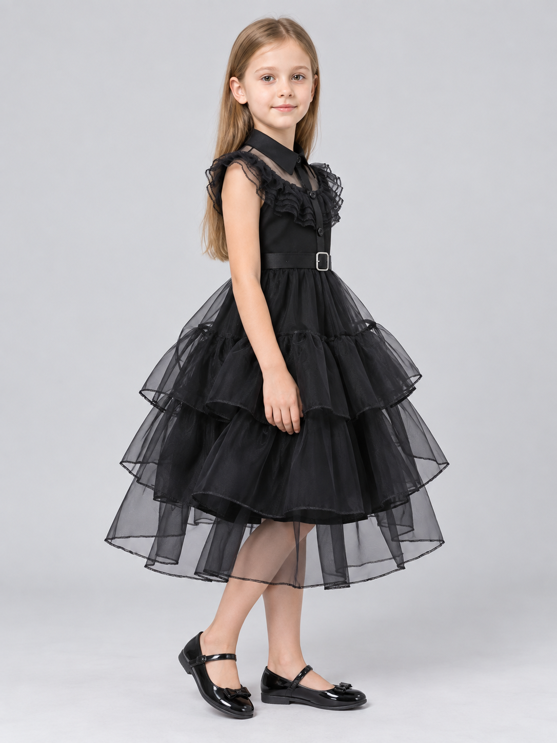 Children's dressy dress with a full skirt and collar side view