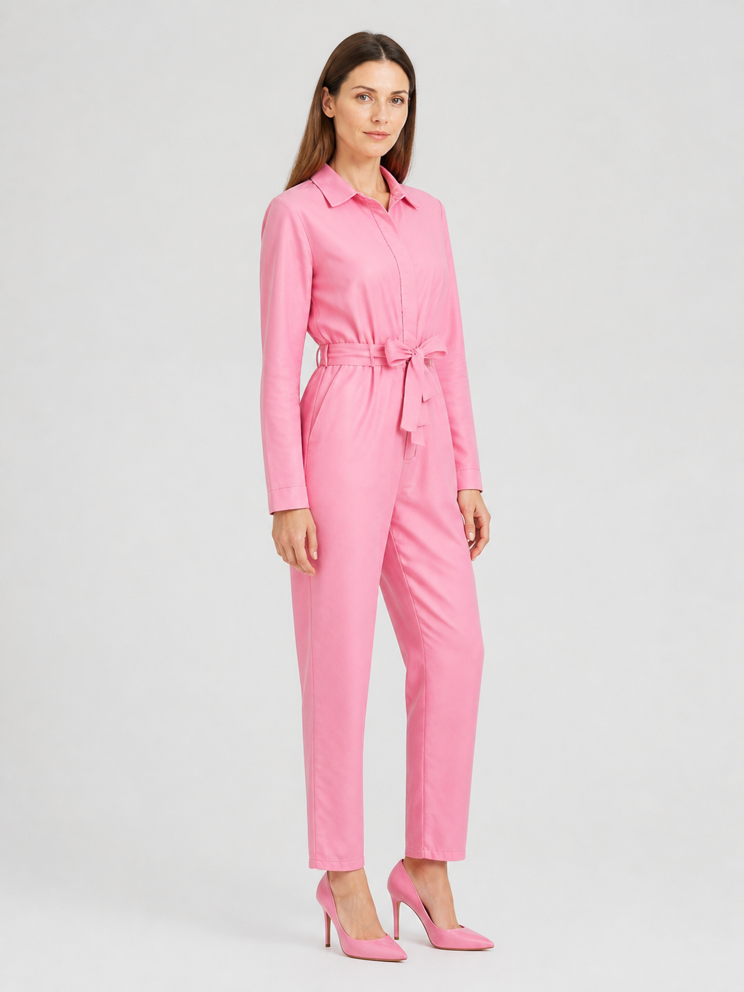 Pink Barbie-Style Jumpsuit with Notched Collar side view