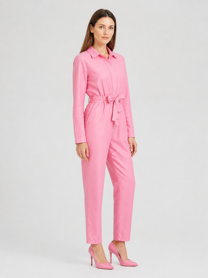 Pink Barbie-Style Jumpsuit with Notched Collar side view