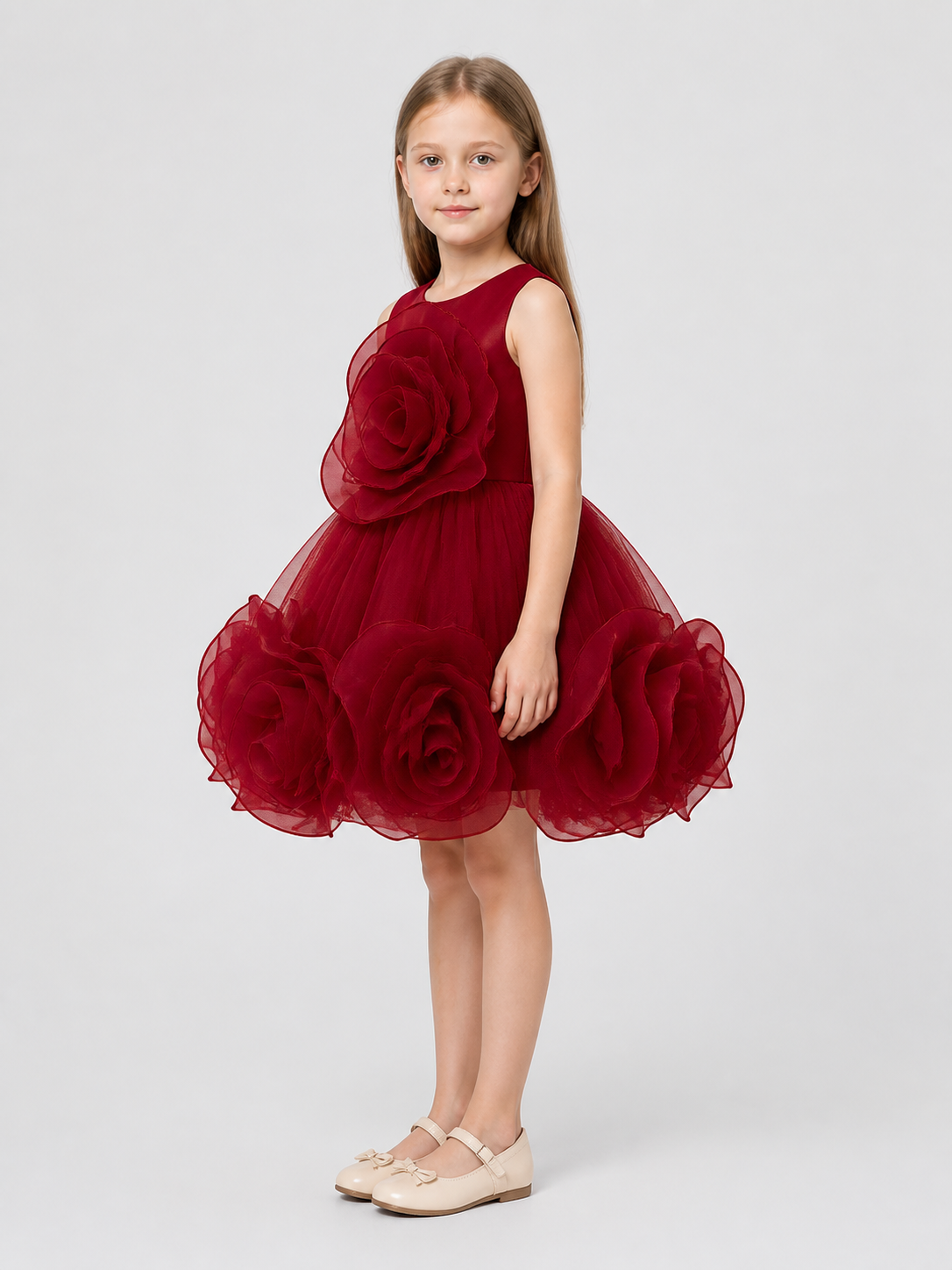 Burgundy Puffed Dress with a Layered Skirt and 3D Flowers side view