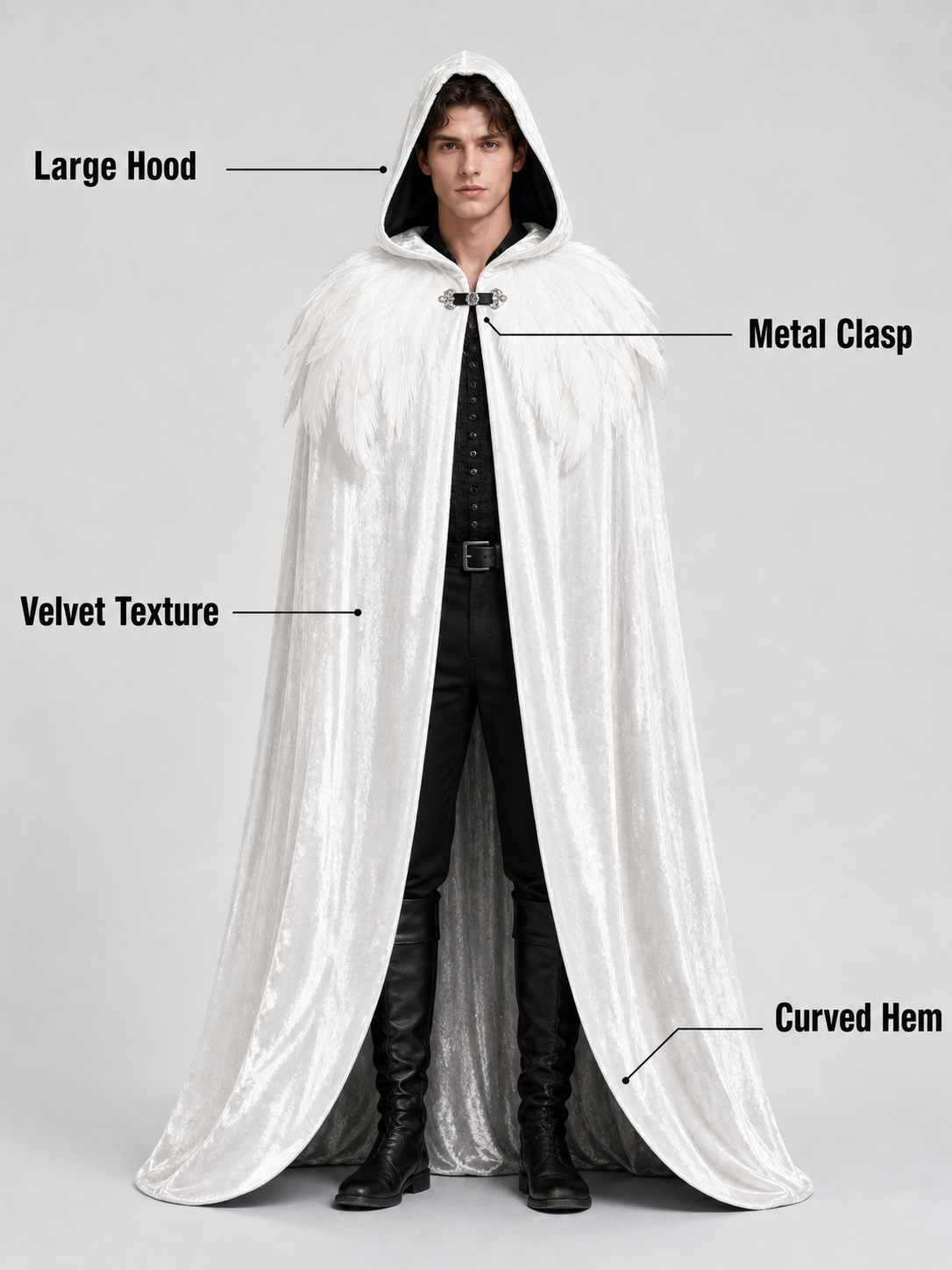 White Velvet Cape with Feather Trim, Maxi