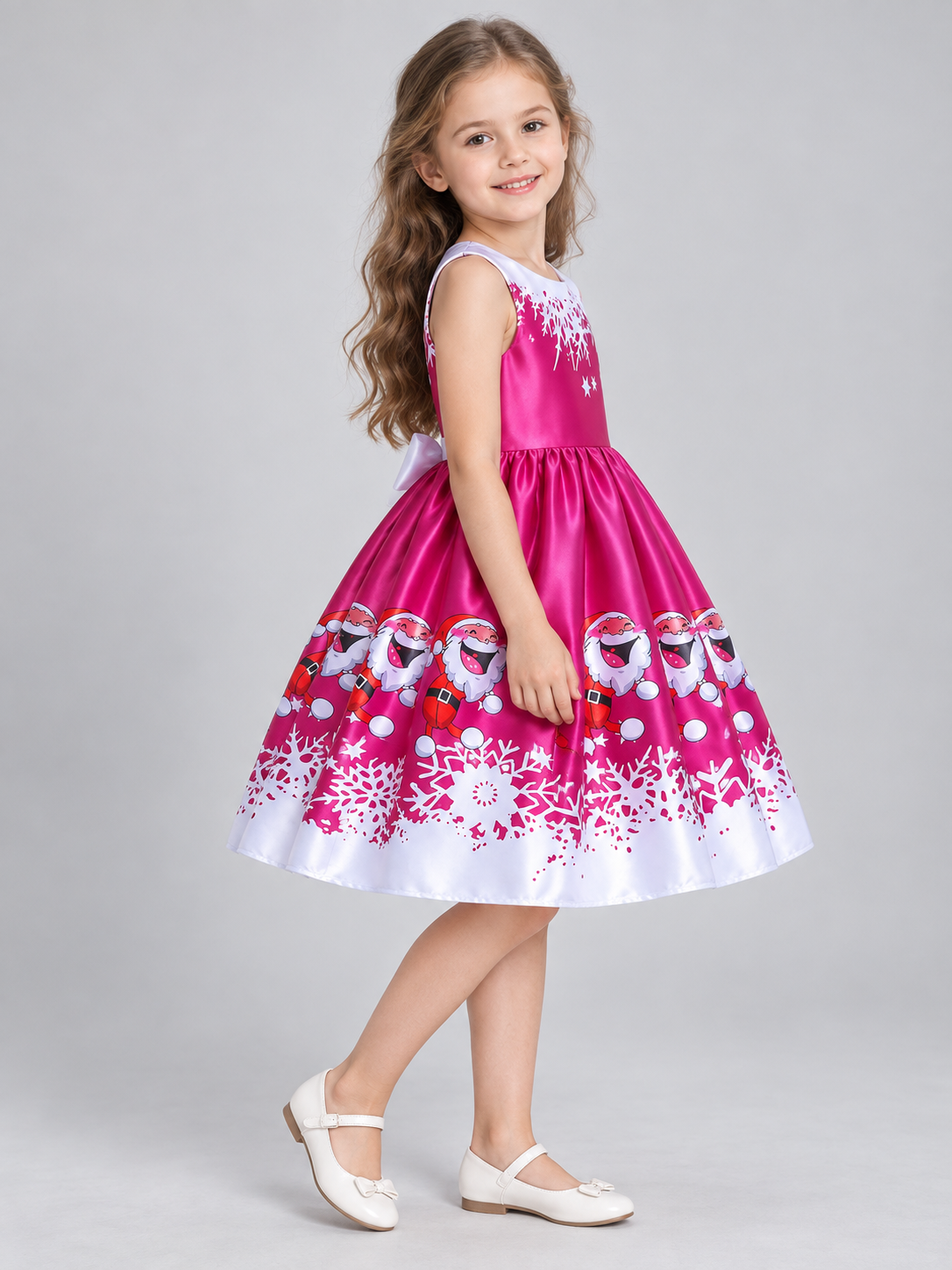 Children's Dress with Christmas Print and Full Skirt side view