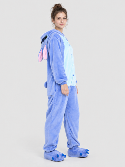 Blue Hooded Pajama Jumpsuit with Appliqué