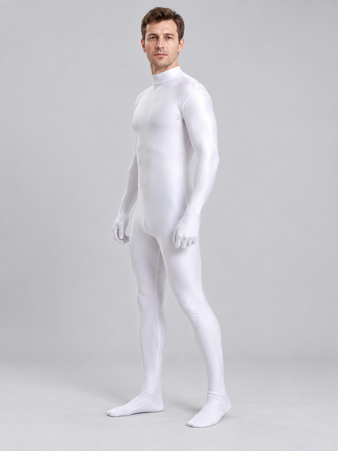 White one-piece form-fitting suit with a stand collar