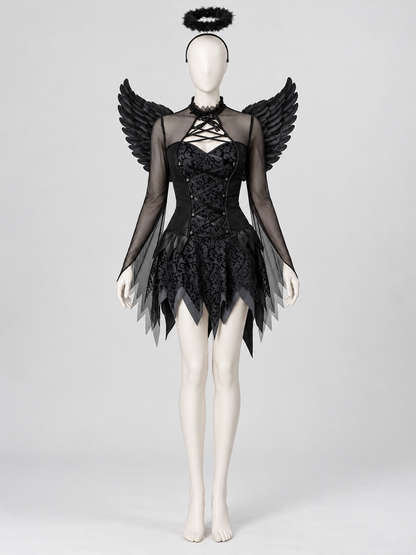 Carnival Costume with Black Dress, Wings, and Halo