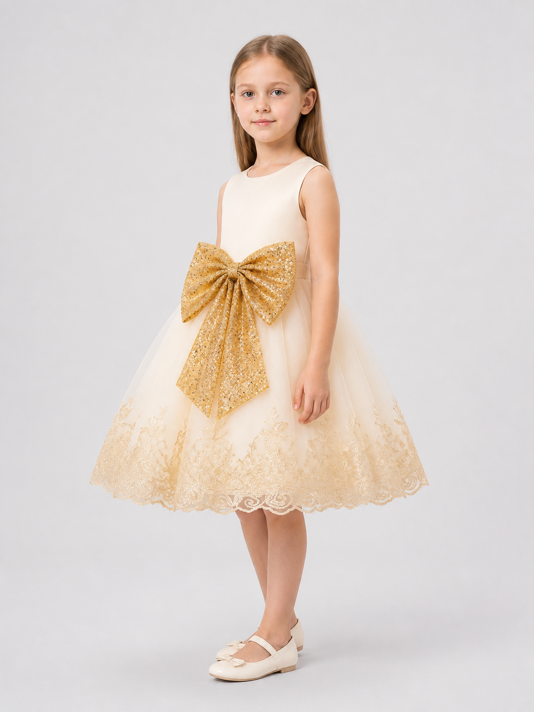 Girls' Party Tutu Dress with Gold Bow side view