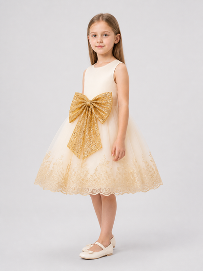 Girls' Party Tutu Dress with Gold Bow side view