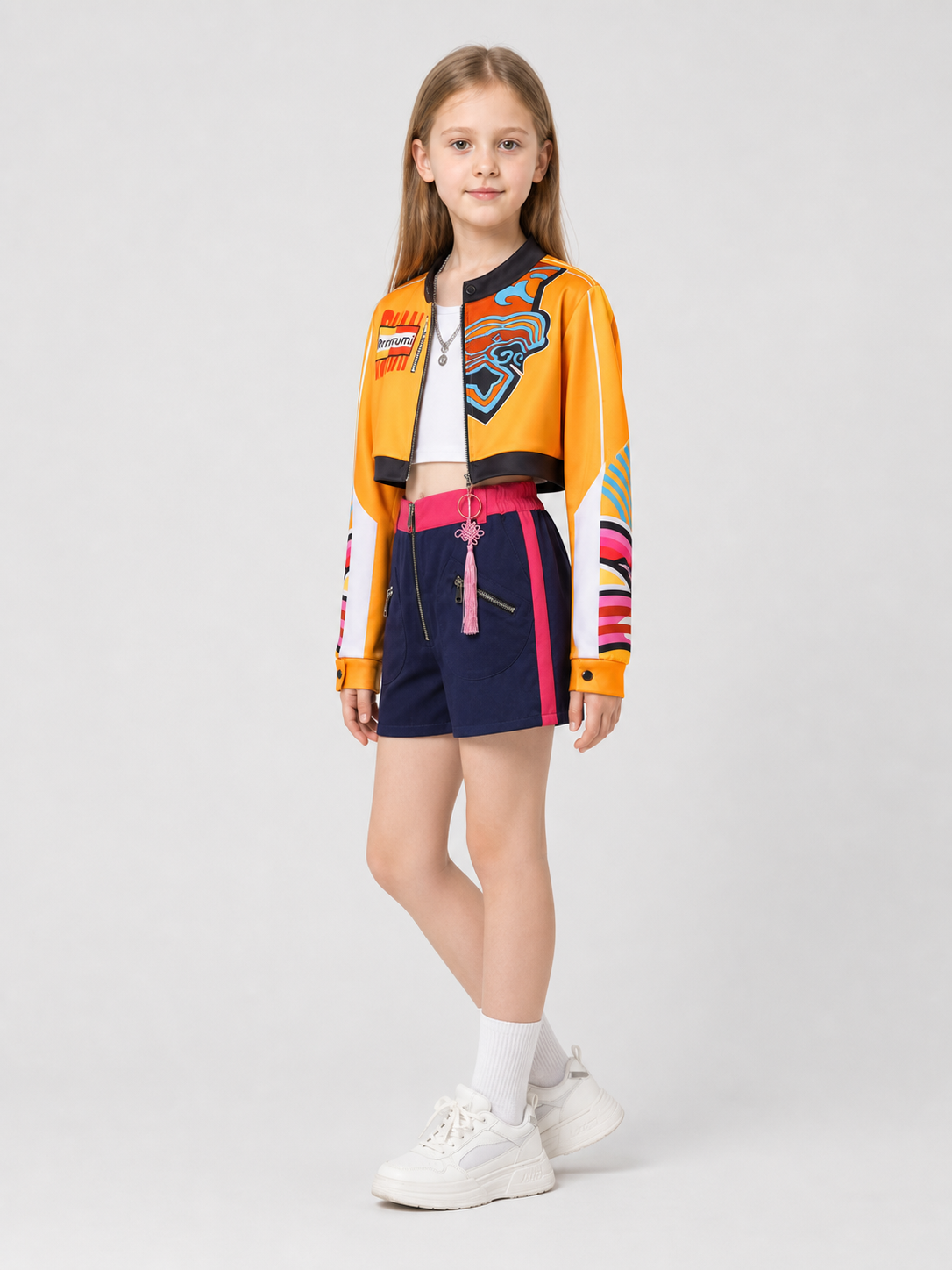 Rumi C Cosplay Costume: Jacket, Shorts, Top, and Accessories side view