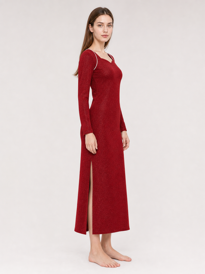 A fairy costume set inspired by a movie character, featuring a long red dress or skirt with a floor-length silhouette, long sleeves, and a straight hem with a front slit, plus accessories to complete the look: semi-transparent butterfly win