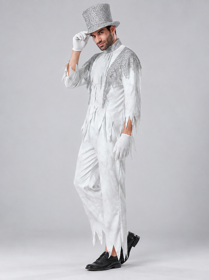 White vampire carnival costume with top hat and gloves