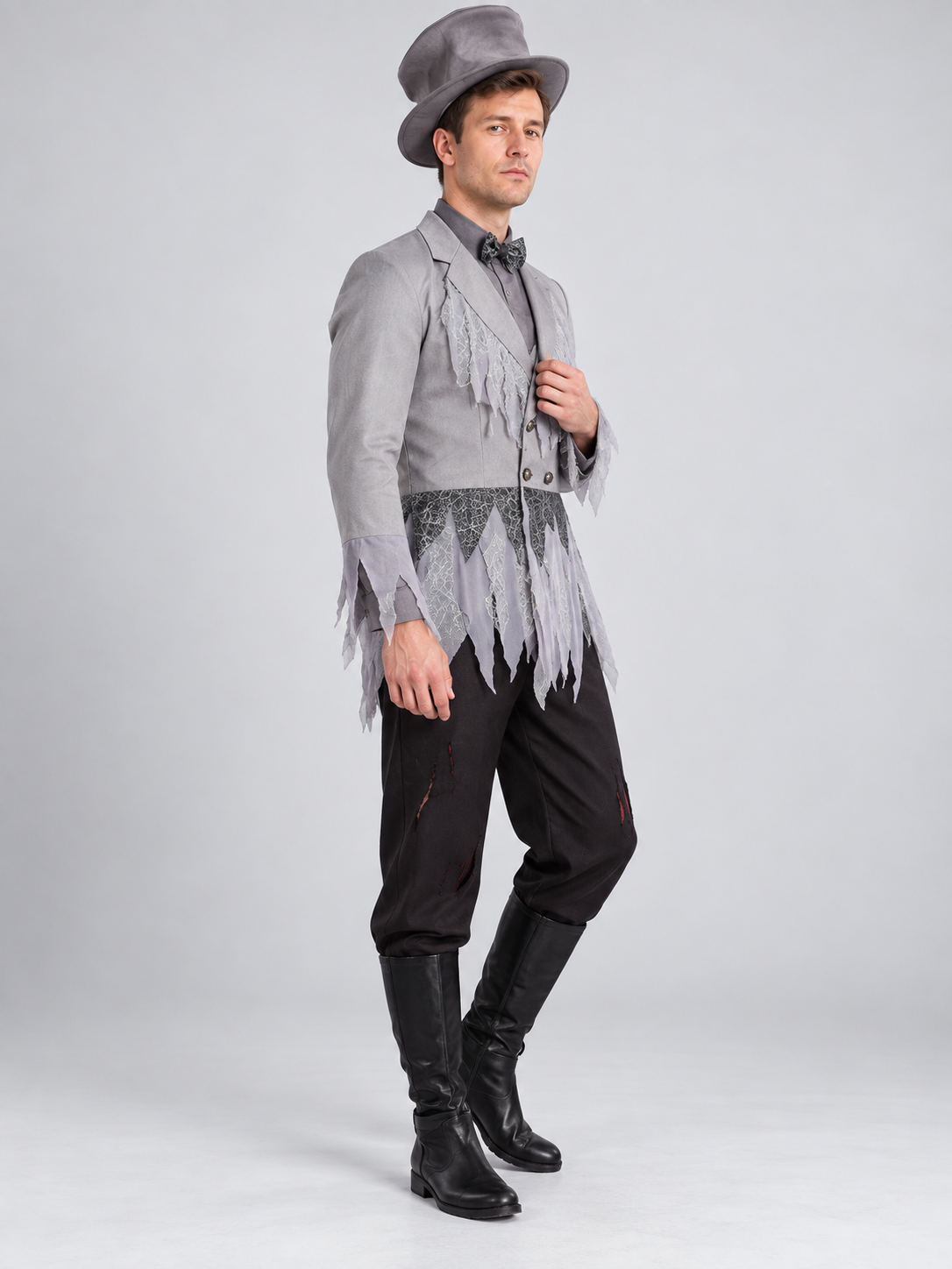 Vampire carnival costume with gray hat and bow tie