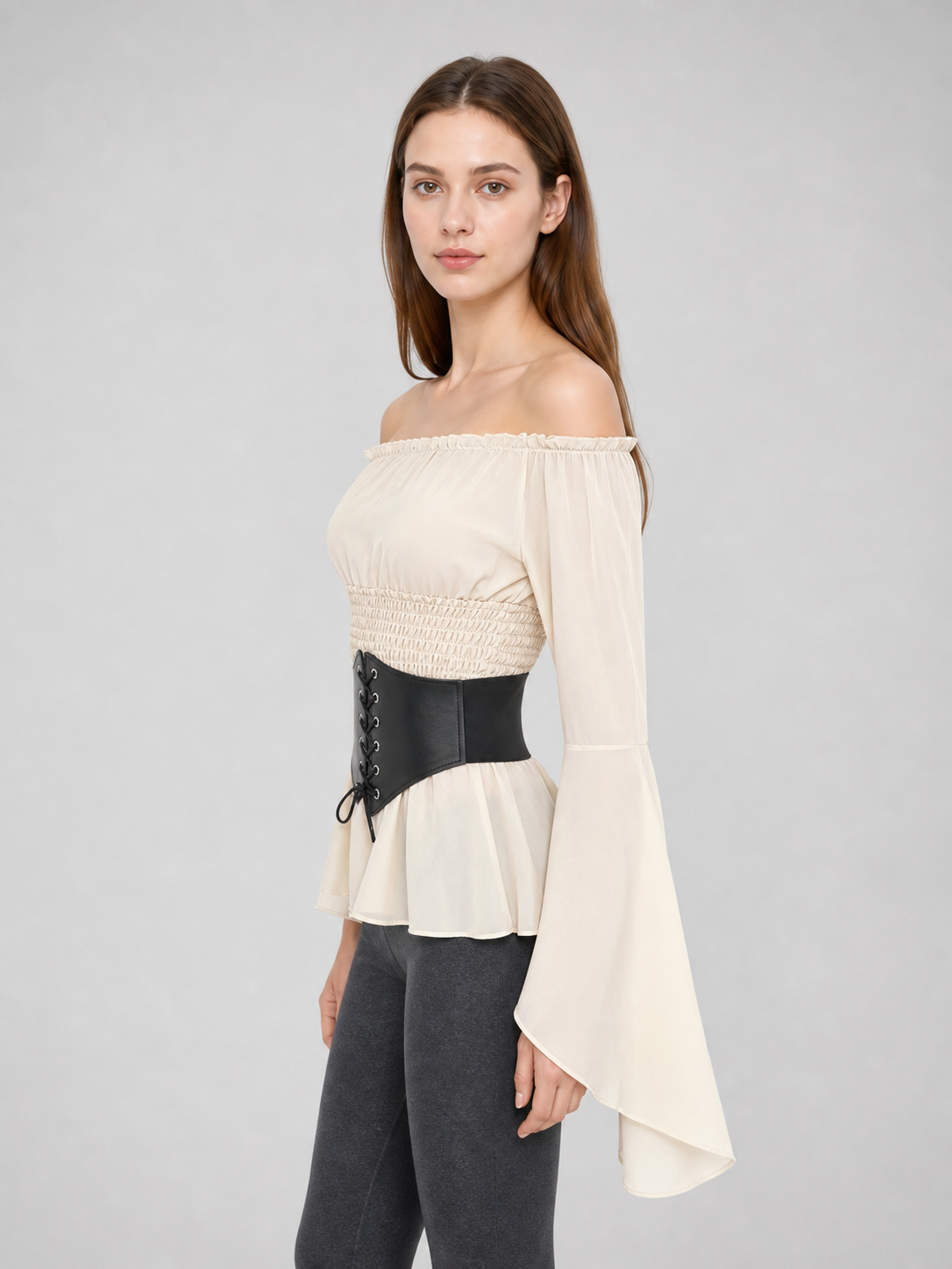 Off-Shoulder Blouse with Corset Belt