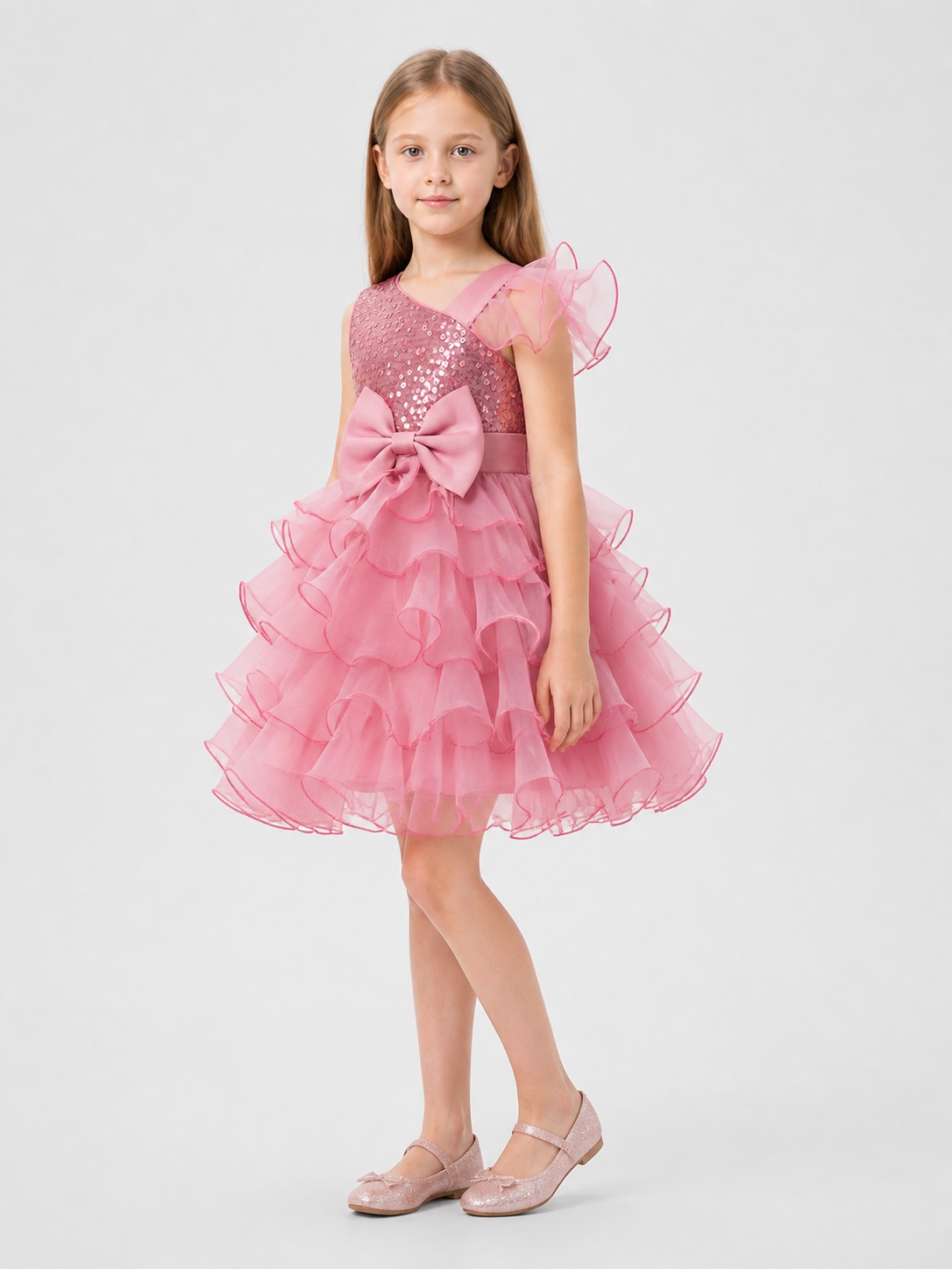 Princess Dress with Sequins, Bow, and Full Skirt side view