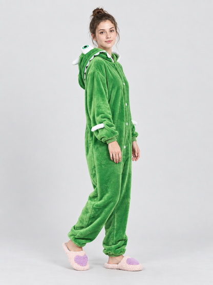 Insulated Green Hooded Pajama Jumpsuit with Decor