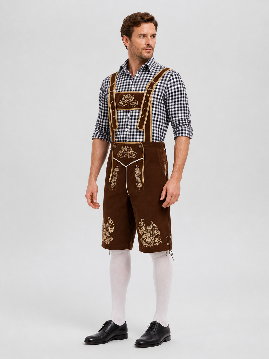 Bavarian Shorts with Suspenders and Gold Embroidery side view