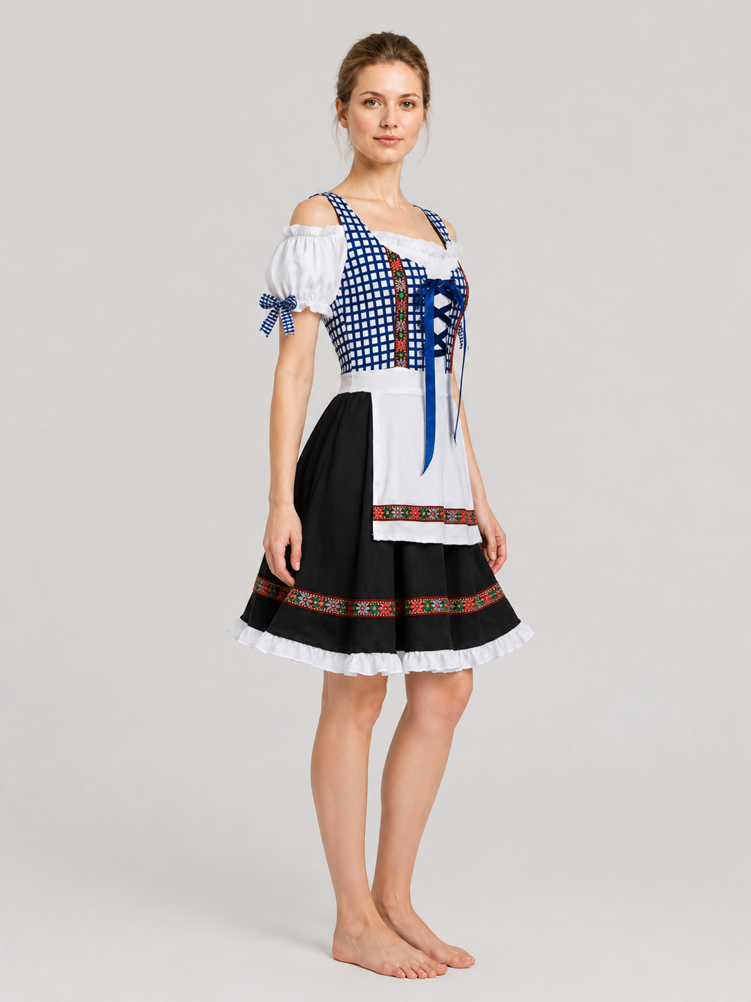 Folk Costume with Apron and Lace, Plaid, S-XXL side view
