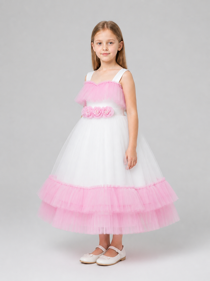 Girls' Dressy Tutu Dress with Ruffles, White and Pink