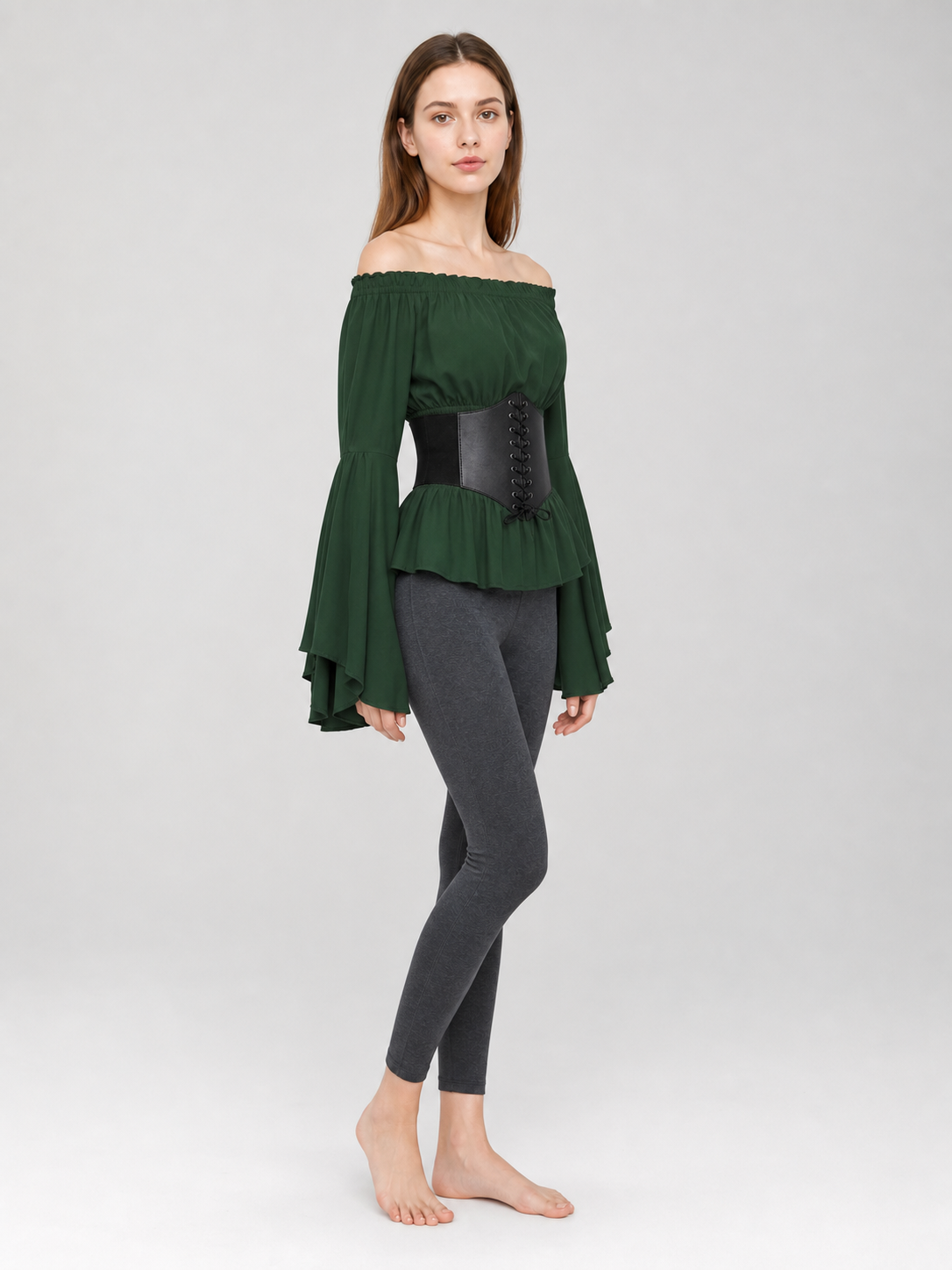 Off-the-Shoulder Blouse with Green Belt