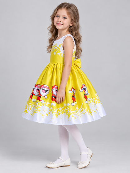Girls' Dressy Dress with Winter Print and Bow