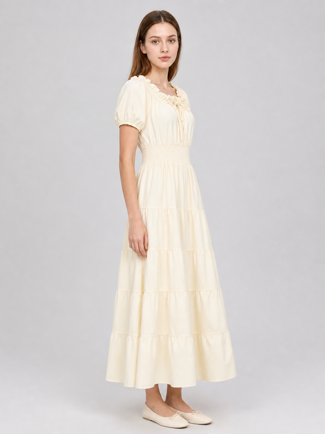 Tiered Dress with Puff Sleeves and Gathered Details