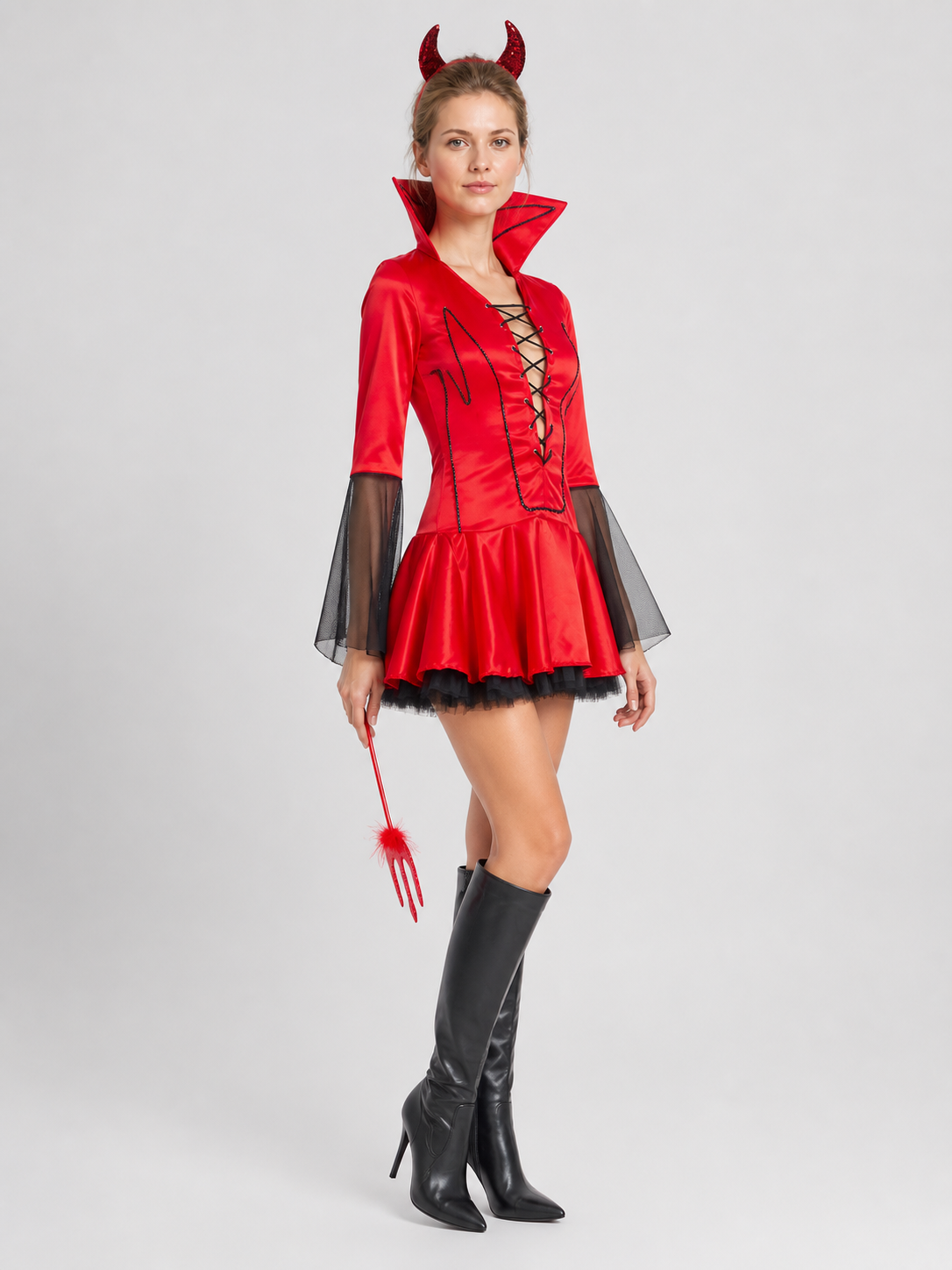 Halloween Devil Costume, Short Red-and-Black Dress side view