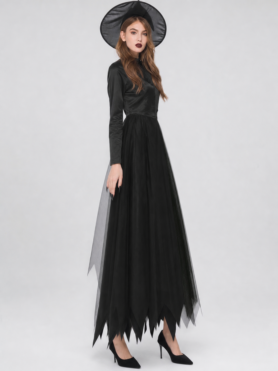 Witch Costume Dress: Long Black Dress with a High Collar