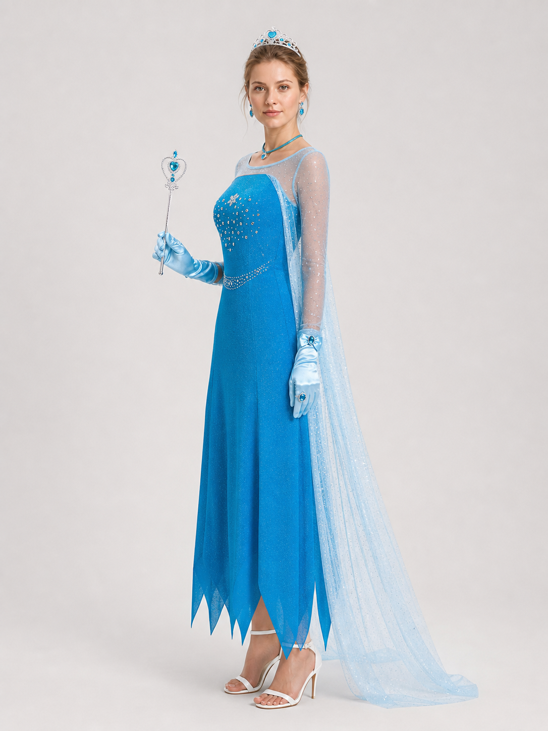 Elsa Blue Long Dress with Crown and Accessories side view
