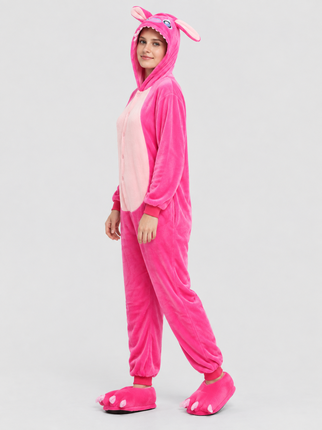 Bright Pink Hooded Pajama Jumpsuit with Ears