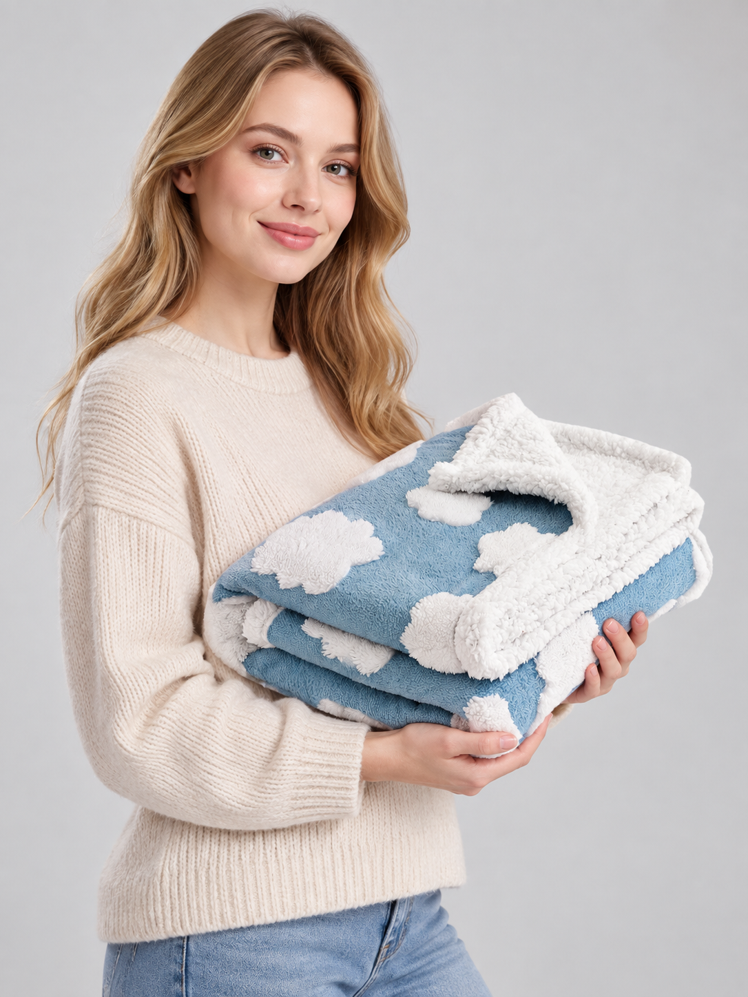 Blue Pet Blanket with White Clouds side view
