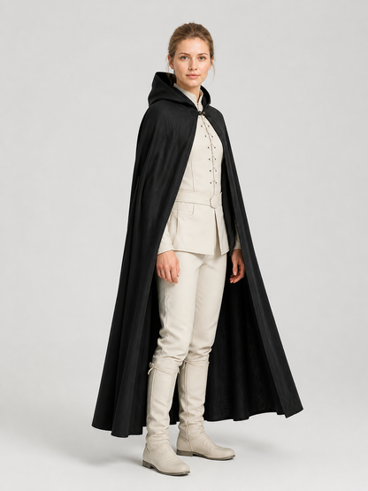 Black Long Hooded Cotton-Linen Cloak side view 7
